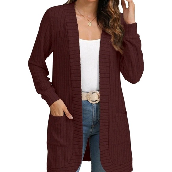 The Unbranded Brand Sweaters - Women Small, Long Sleeve Open Front Cardigan Casual Lightweight Long, Dark Red